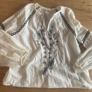 Calligraphie Embroidered Long Sleeve Ivory Black CottonBlouse Women’s L Preloved